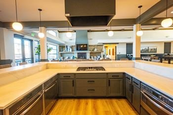 A modern kitchen with dark cabinets and stainless steel appliances.